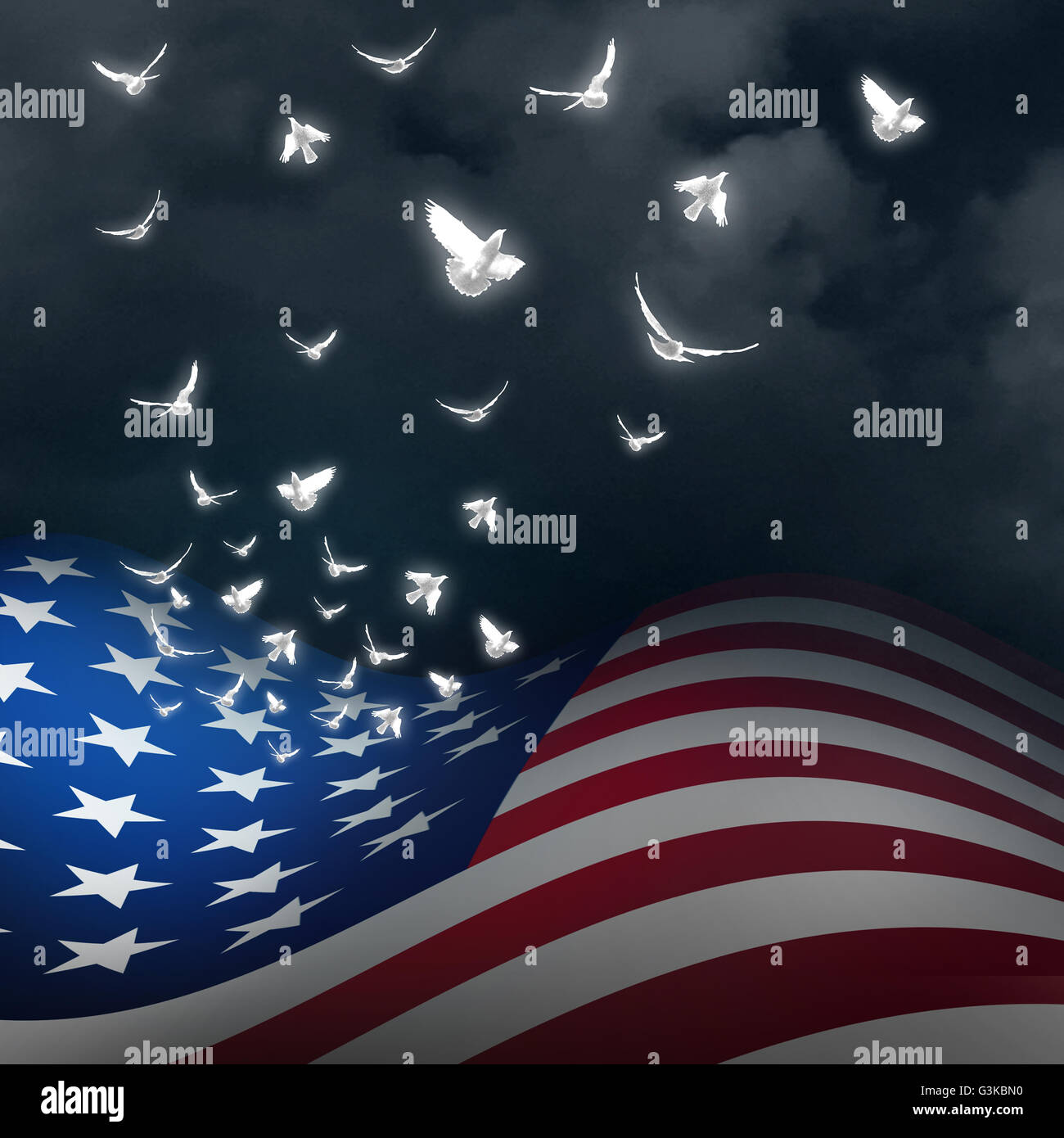 Amerikanische Freiheit Konzept wie die Flagge der Vereinigten Staaten mit den Stars in weißen Tauben als patriotischen und nationalen Erinnerung und Unabhängigkeit Gedenkfeier mit 3D Abbildung Elemente verwandeln. Stockfoto