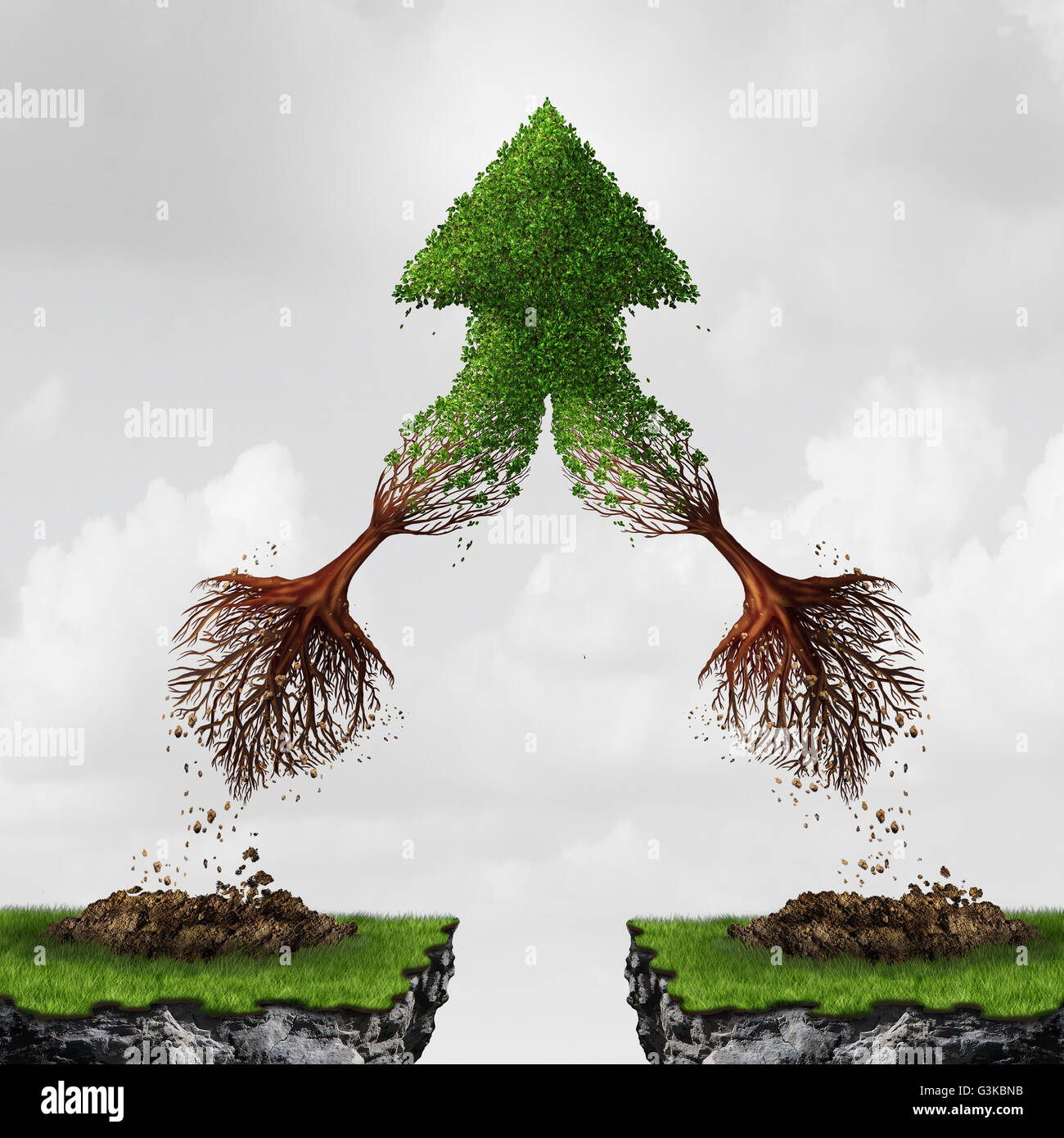 Team und Teamarbeit Zusammenarbeit Konzept als zwei fliegende entwurzelte Bäume miteinander in Freundschaft und des gegenseitigen Nutzens Pfeil nach oben zu schaffen, als Geschäft Metapher für Mut in einer 3D Darstellung Stil kombiniert. Stockfoto
