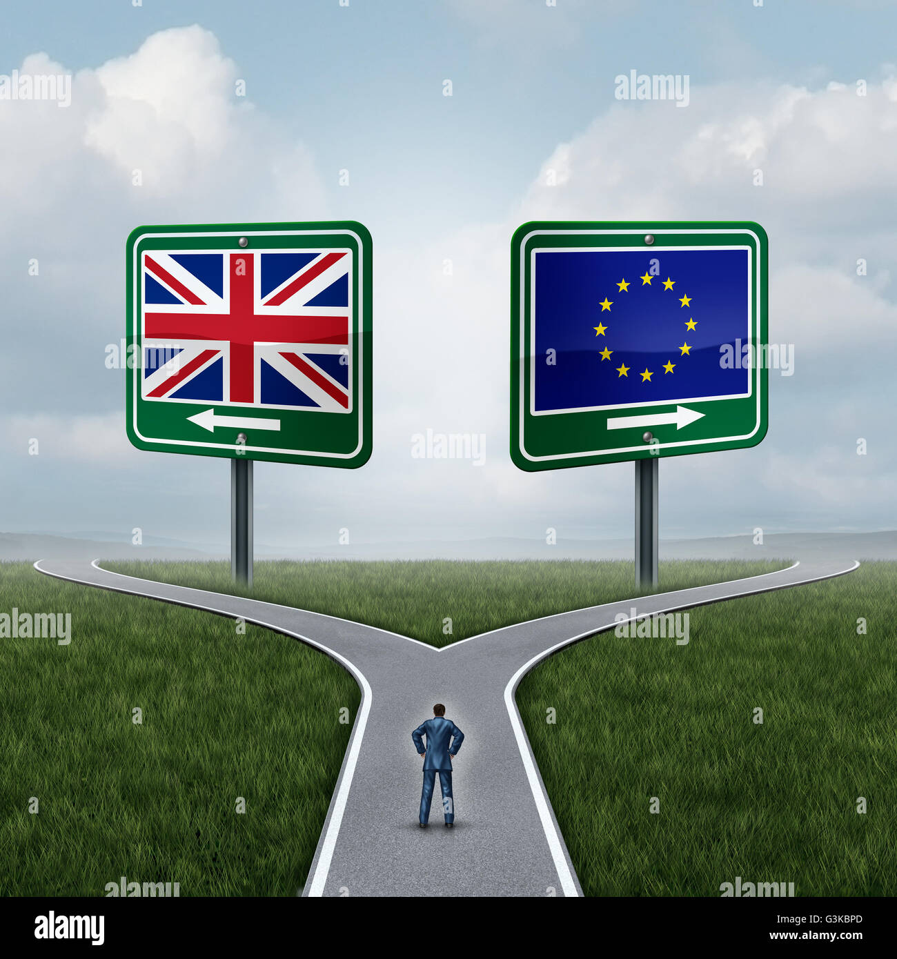 Großbritannien-EU Frage als Brexit Konzept im Zusammenhang mit der UK Abstimmung Verwirrung und Euro-Zone und Europa Mitgliedschaft britischen Entscheidung als eine Person steht auf einer Kreuzung Dilemma mit Fahnen auf Verkehrszeichen mit 3D Abbildung Elemente. Stockfoto