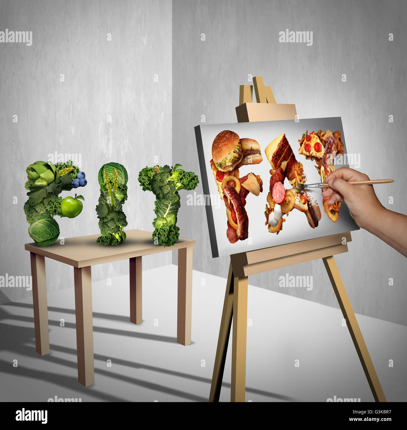 Food-Versuchung-Konzept als ein grünes Gemüse, geformt wie das Wort mit einem Maler Malerei Text Fett aus fettiges Fastfood als Ernährung Gesundheit Metapher für Sehnsucht und haben eine Obsession mit ungesunde Snacks mit 3D Abbildung Elemente passen. Stockfoto