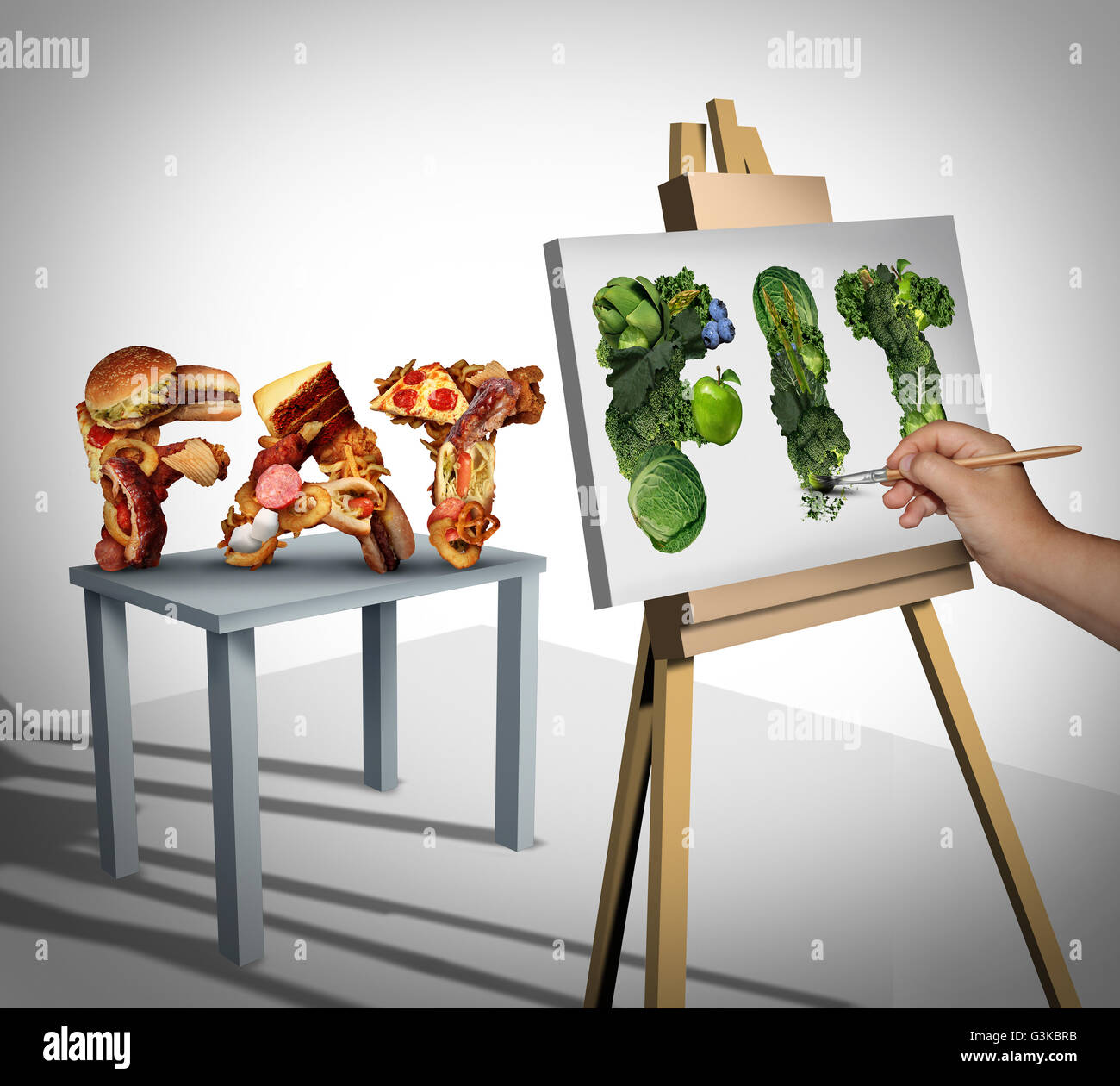 Eine Diät Fokus und Ernährungsziele Lebensstil als eine Person Gemälde Stilleben auf Leinwand von Fett Cholesterin reichen Fast Food gesund Fit frisches Obst und Gemüse mit 3D Abbildung Elemente ändern. Stockfoto