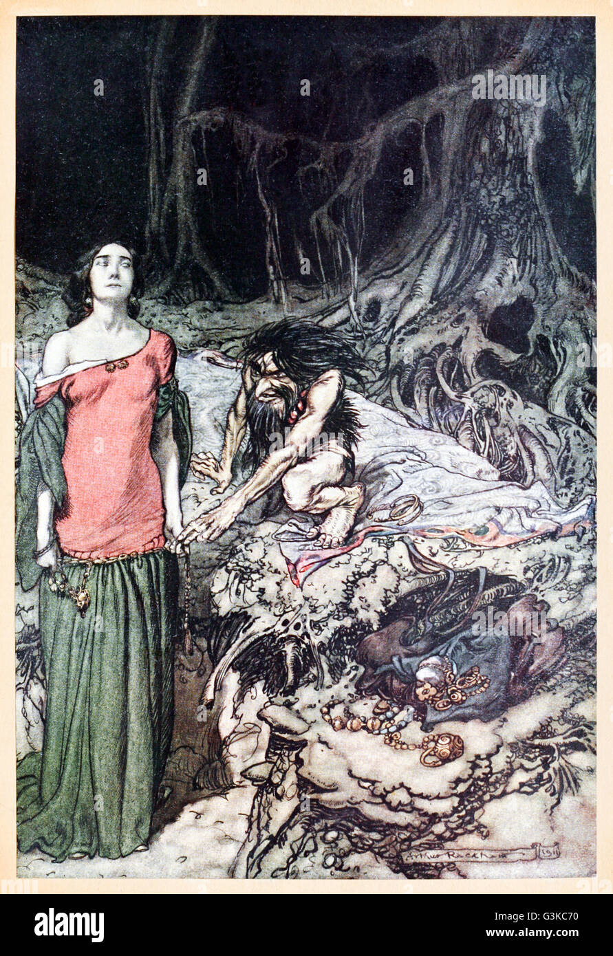 "Die umwirbt Grimhilde, die Mutter von Hagen" von "Siegfried & The Twilight of the Gods" illustriert von Arthur Rackham (1867-1939). Siehe Beschreibung für mehr Informationen. Stockfoto