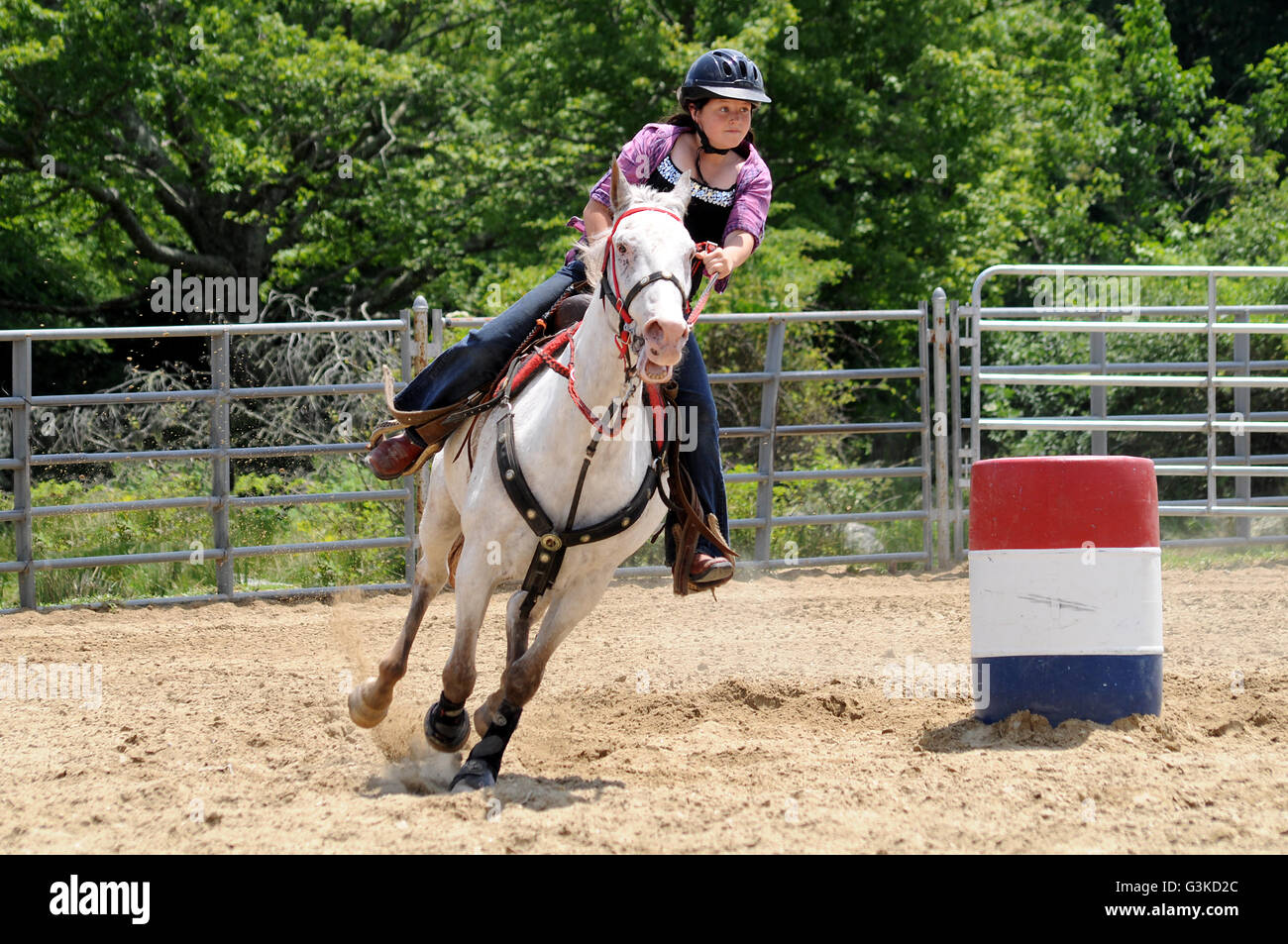 Teenager-Mädchen im Galopp um eine Wende in einem Fass-Rennen Stockfoto