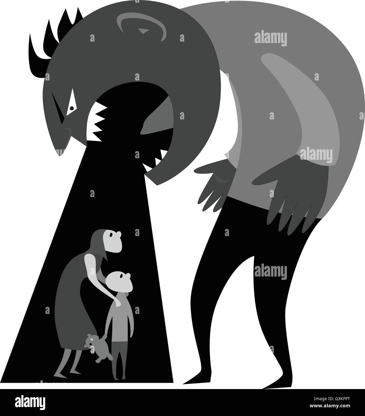 Häuslicher Gewalt. Männliche Monster schreien an Frau und Kind aus häuslicher Gewalt, Graustufen-Vektor-illustration Stock Vektor