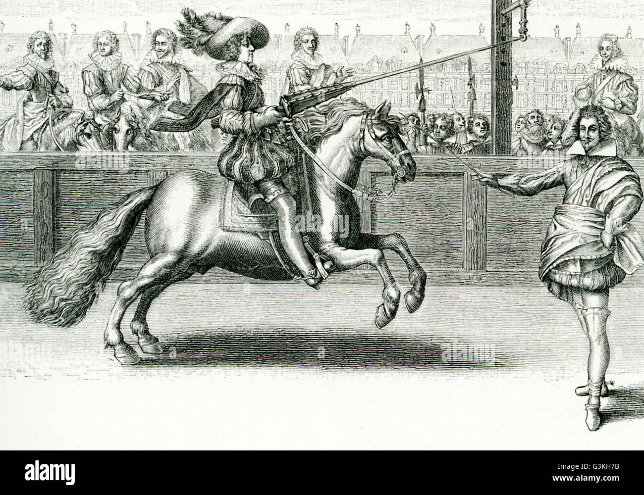 Die Bildunterschrift für diese Gravur lautet: Louis XIII den Ring betritt. Die Person zu Fuß auf der rechten Seite ist Squire M. De La Sourdiere. Er war ein Monarch aus dem Haus Bourbon. Er regierte als König von Frankreich von 1610 bis 1643. Er diente auch als König von Navarra von 1610 bis 1620 als die Krone von Navarra Teil des französischen Königreichs war. Ludwig XIII. war der Sohn von Marie de Medicis und Henri IV von Frankreich. Stockfoto