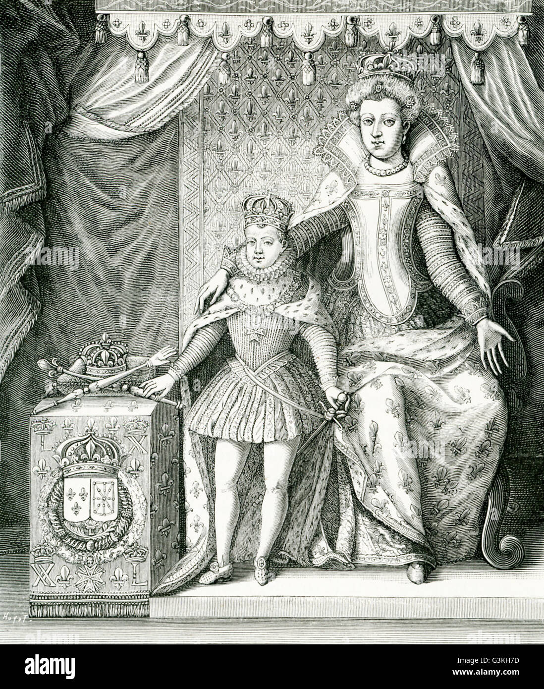 Die Bildunterschrift für diese Gravur lautet: Marie de Medicis, der Regent und ihr Sohn, Louis XIII von Frankreich. Das Bild basiert auf einem Print, das unterzeichnet wurde: Nicolas De La Mathoniere ausgeführt; F. Quesnel gemalt. Das Datum ist 1610. Marie (1575-1642) war die zweite Frau von Henri IV von Frankreich und somit Königin von Frankreich. Henri wurde das Haus von Bourbon. Sie war von dem wohlhabenden Haus von Medici in Italien. Ihr Ehemann wurde 1610 ermordet und sie diente als Regentin für ihren Sohn, bis ihr Sohn übernahm die Macht als er 17 war und sie ging ins Exil. Stockfoto