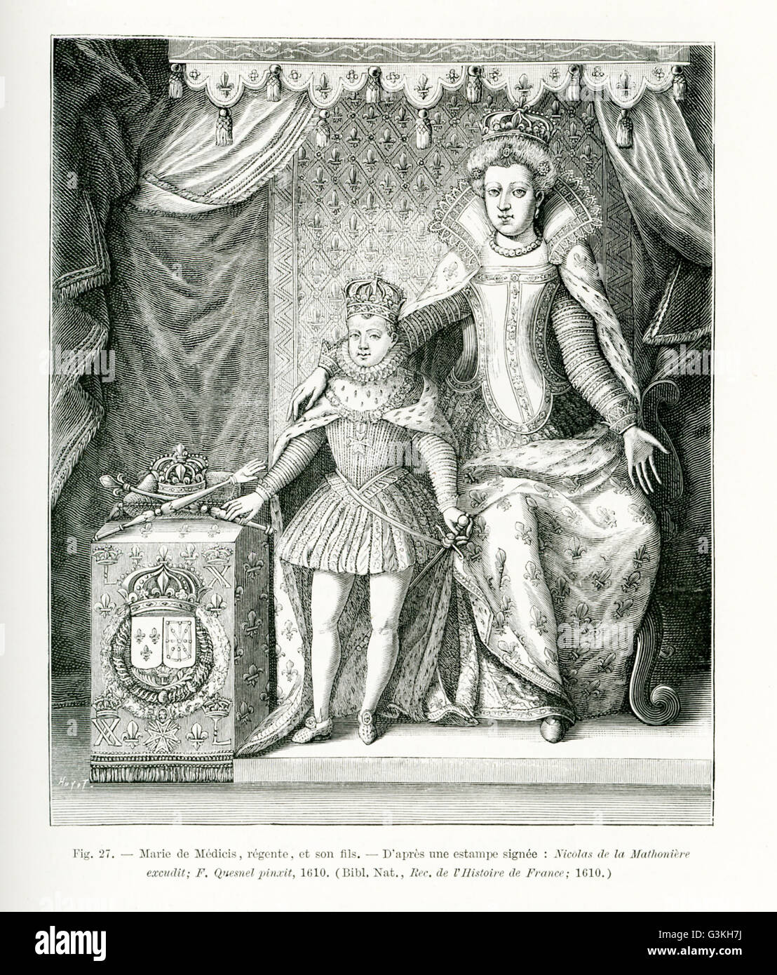 Die Bildunterschrift für diese Gravur lautet: Marie de Medicis, der Regent und ihr Sohn, Louis XIII von Frankreich. Das Bild basiert auf einem Print, das unterzeichnet wurde: Nicolas De La Mathoniere ausgeführt; F. Quesnel gemalt. Das Datum ist 1610. Marie (1575-1642) war die zweite Frau von Henri IV von Frankreich und somit Königin von Frankreich. Henri wurde das Haus von Bourbon. Sie war von dem wohlhabenden Haus von Medici in Italien. Ihr Ehemann wurde 1610 ermordet und sie diente als Regentin für ihren Sohn, bis ihr Sohn übernahm die Macht als er 17 war und sie ging ins Exil. Stockfoto