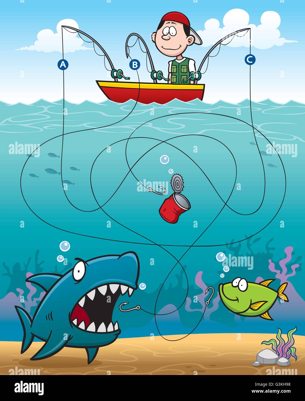 Vektor-Illustration von Bildung-Fischer-Labyrinth-Spiel Stock Vektor