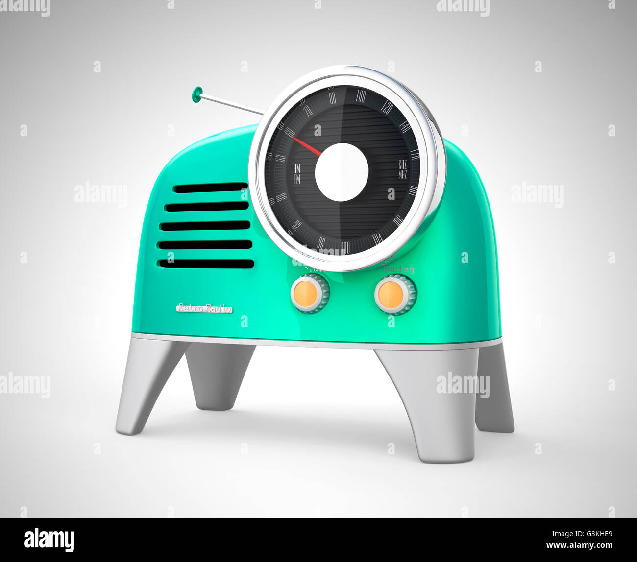 Smaragd-Grün-Retro-Stil-Radio auf grauem Hintergrund isoliert. 3D-Rendering Bild mit Beschneidungspfad. Stockfoto