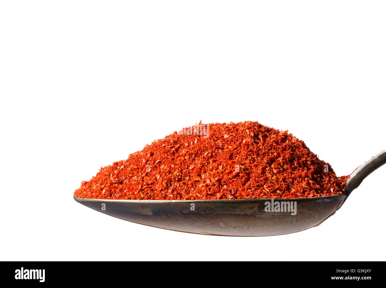 Haufen Tanduri Masala auf Löffel, isoliert auf weißem Hintergrund, Nahaufnahme. Stockfoto