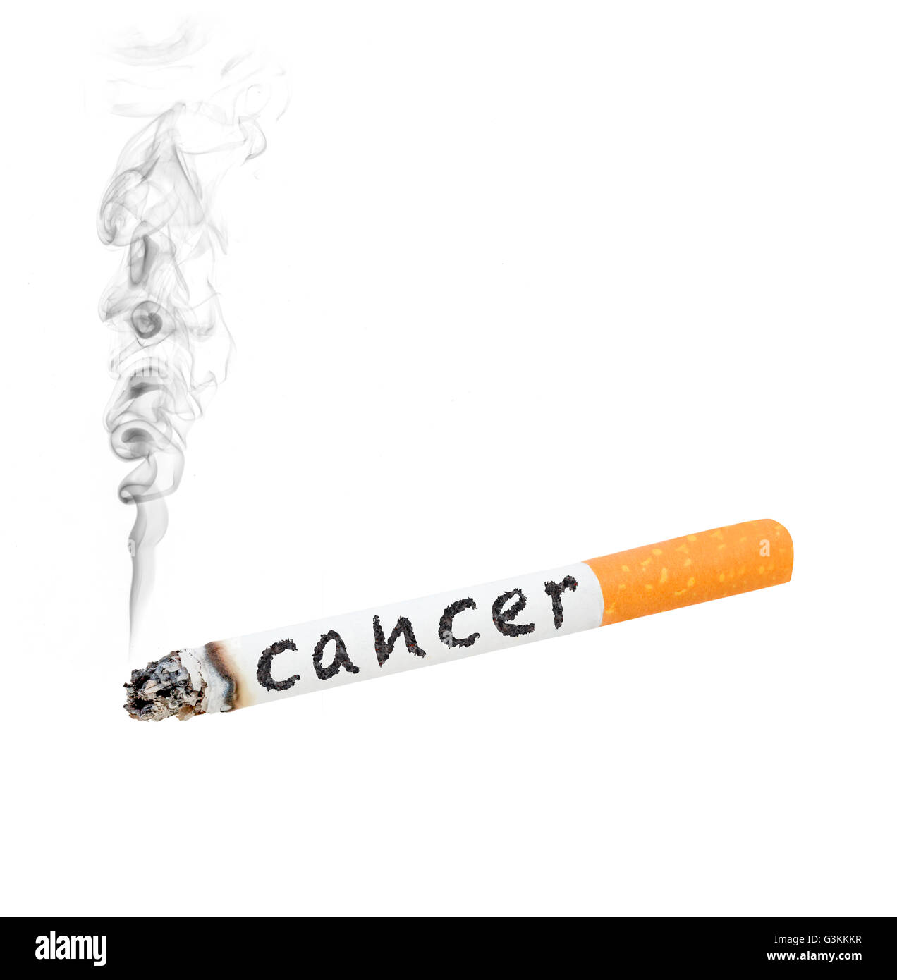Eine brennende Zigarette mit dem Wort "Krebs" auf der Seite Stockfoto