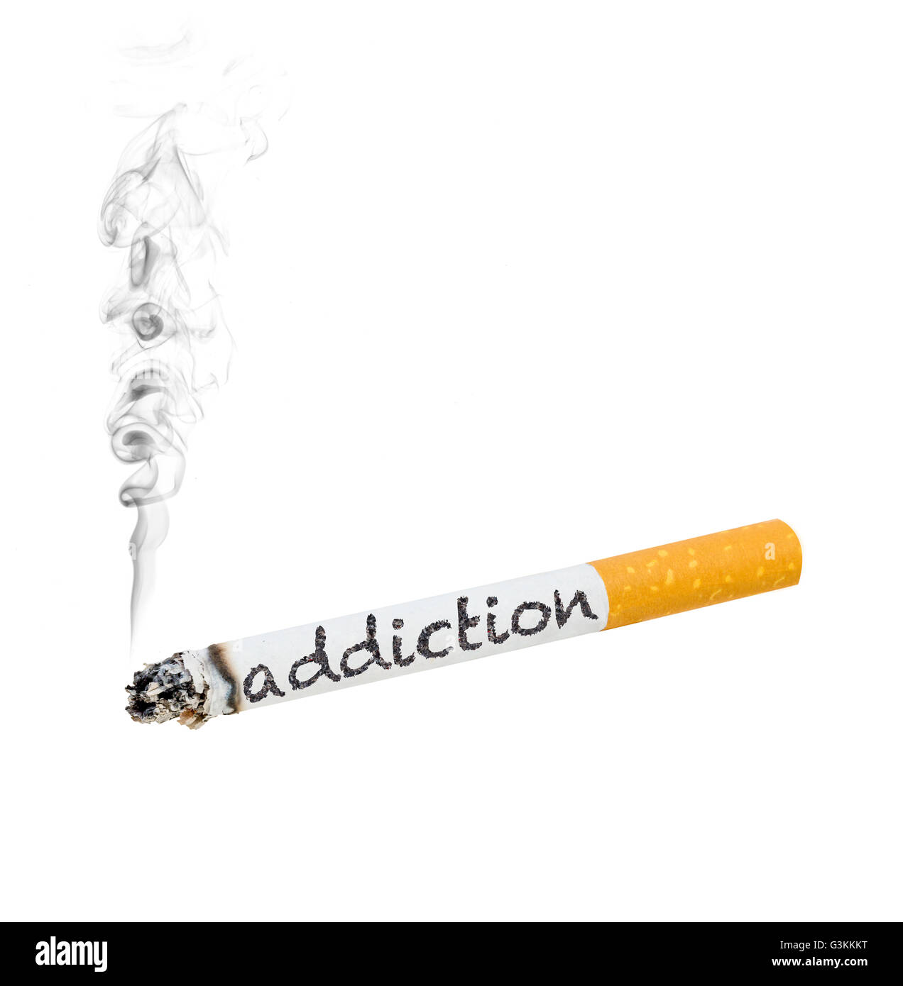 Eine brennende Zigarette mit dem Wort "sucht" auf der Seite Stockfoto