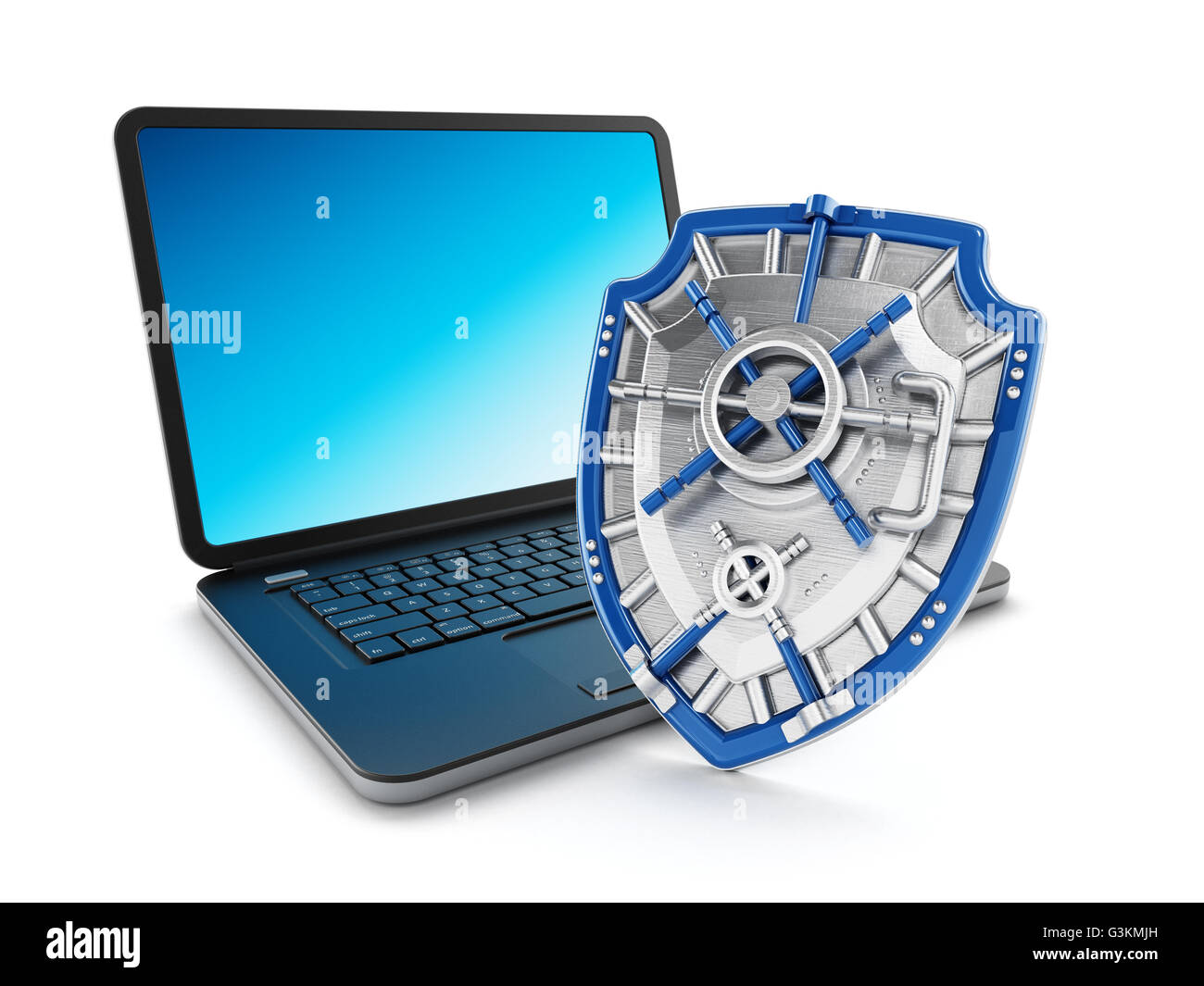 Eisen Schild schützen Laptop-Computer. 3D Illustration. Stockfoto