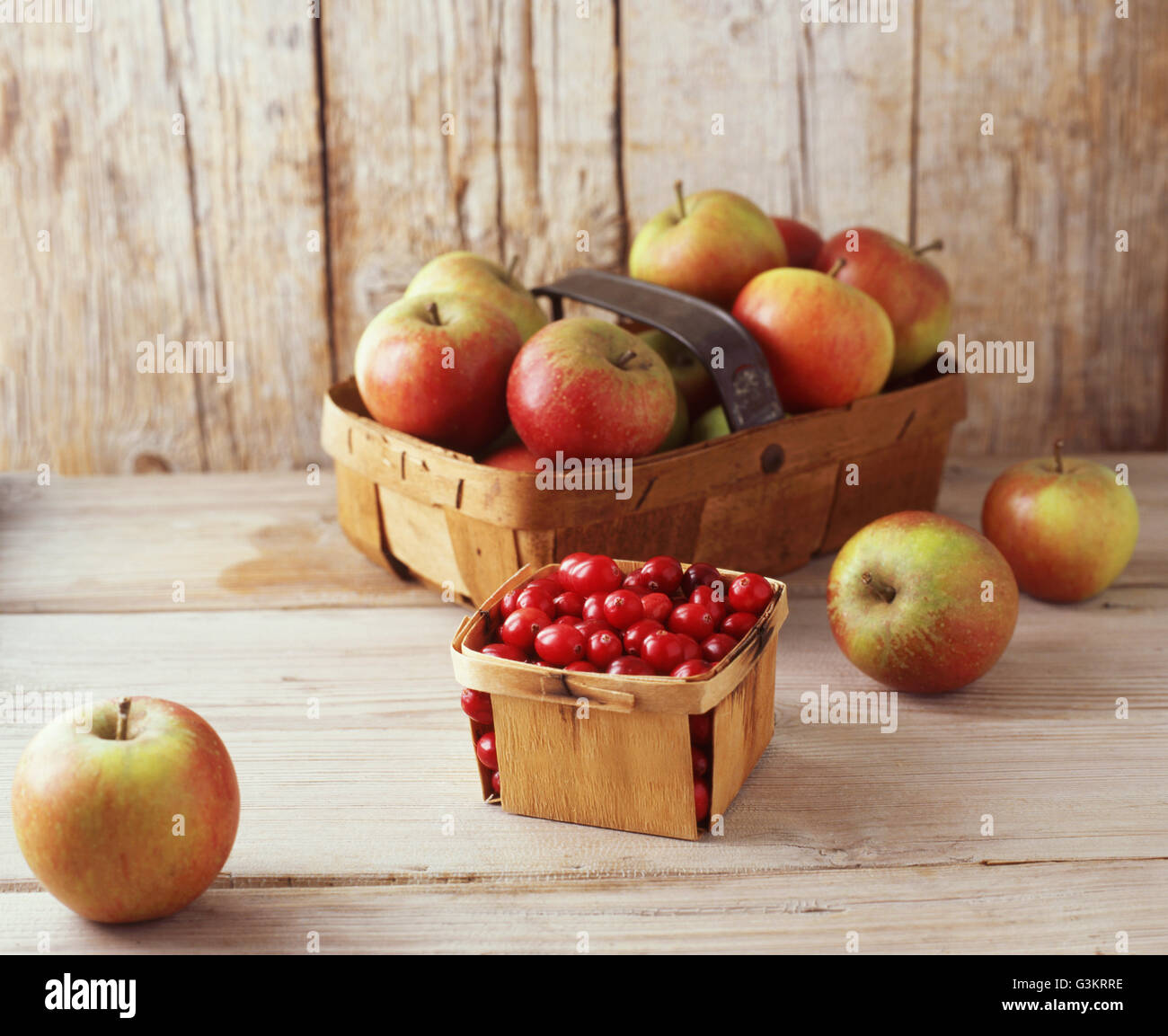 Korb mit Äpfeln mit Körbchen von Preiselbeeren Stockfoto