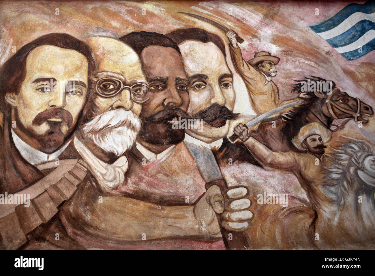 Graffiti, Porträts von kubanischen Unabhängigkeitskämpfer Carlos Manuel de Céspedes, Maximo Gomez, Antonio Maceo und José Marti Stockfoto