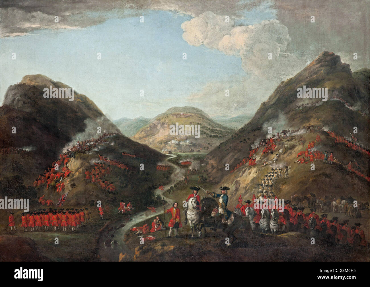 Peter Tillemans - die Schlacht von Glenshiel 1719. Zahlen sind wahrscheinlich Lord George Murray Stockfoto