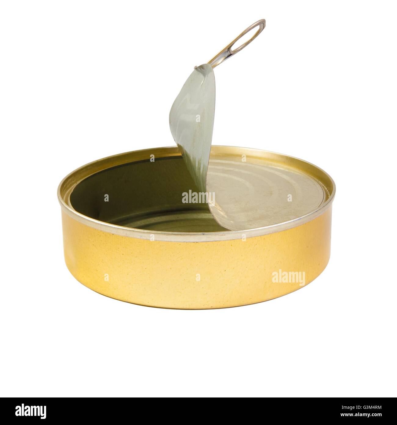 Leere Dose isoliert auf weißem Hintergrund. Stockfoto