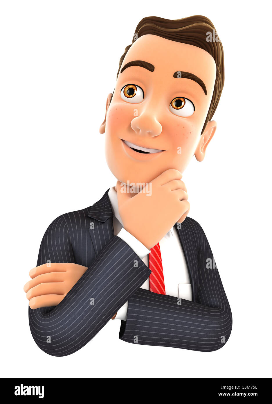 3D Geschäftsmann mit Hand am Kinn, Abbildung mit isolierten weißen Hintergrund denken Stockfoto