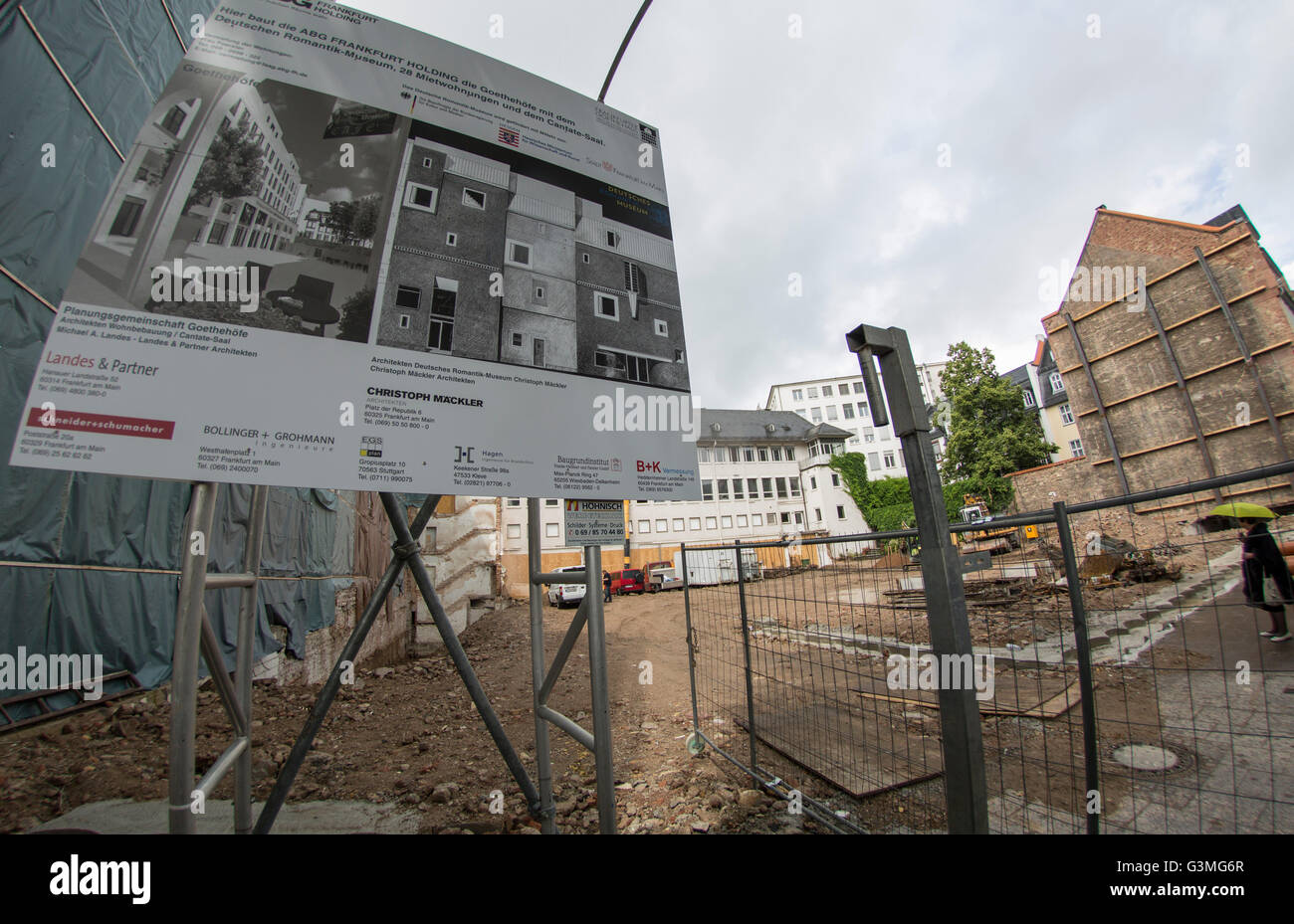 Blick auf den zukünftigen Bau Anblick neben dem Goethe-Museum in Frankfurt/Main, Deutschland, 13. Juni 2016. Der Bau der deutschen Romantik-Museum startet in Kürze. Foto: Sebastian Stenzel/dpa Stockfoto