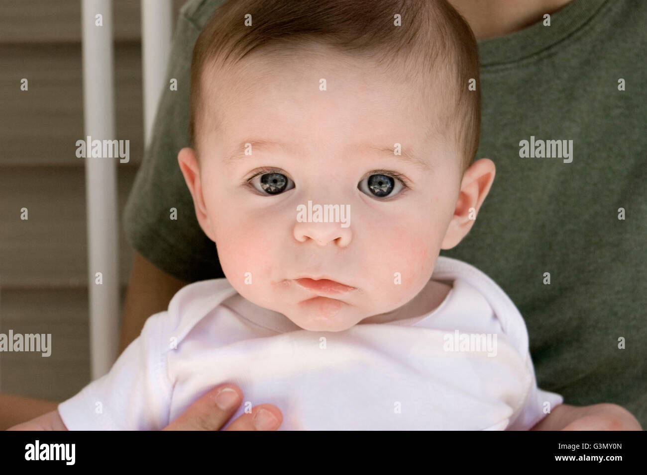 5 - Monate altes Baby Junge sitzt in seiner Mutter Schoß Stockfoto