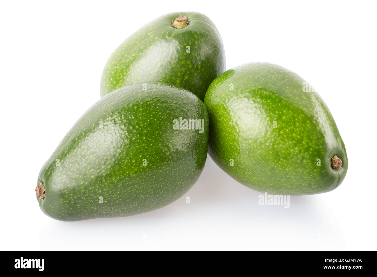 Avocado Früchte Gruppe isoliert auf weiss, Schneidepfad Stockfoto