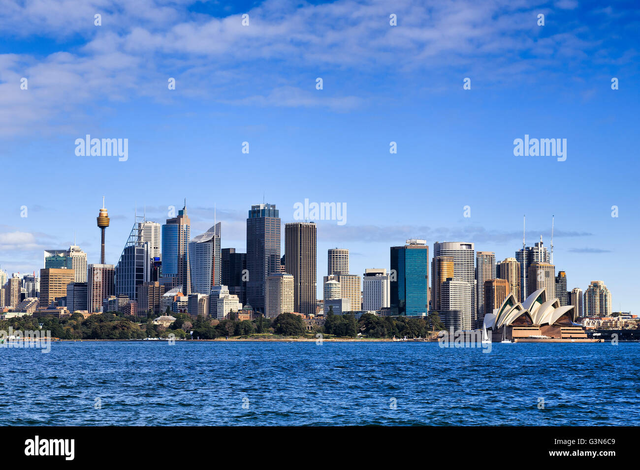 Sydney CBD Stadttürme und Bürogebäuden über königlichen botanischen Garten über Hafen Wasser an einem sonnigen Tag. Stockfoto