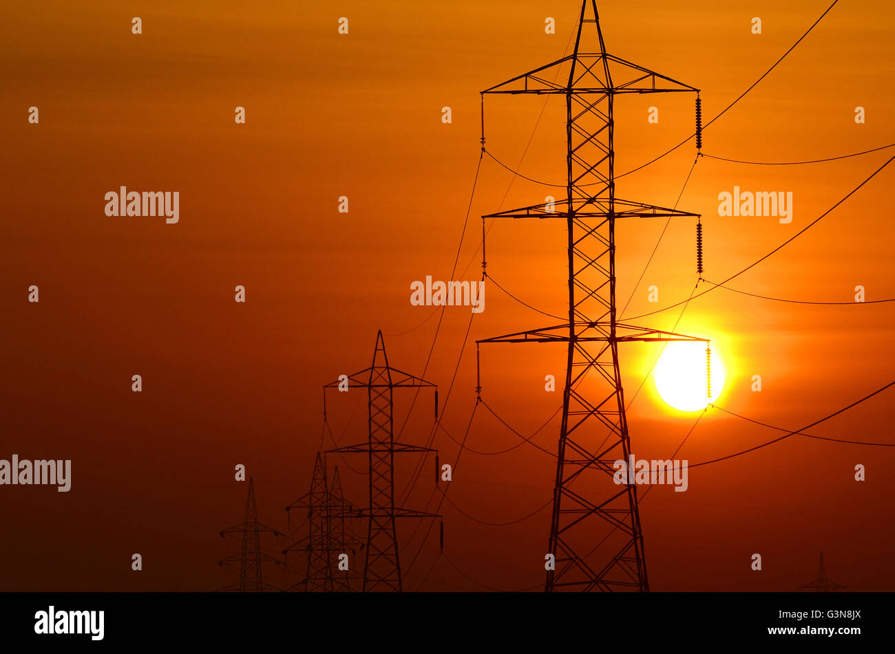 Polen-Stromleitungen im Sonnenaufgang, Gujarat, Indien Stockfoto