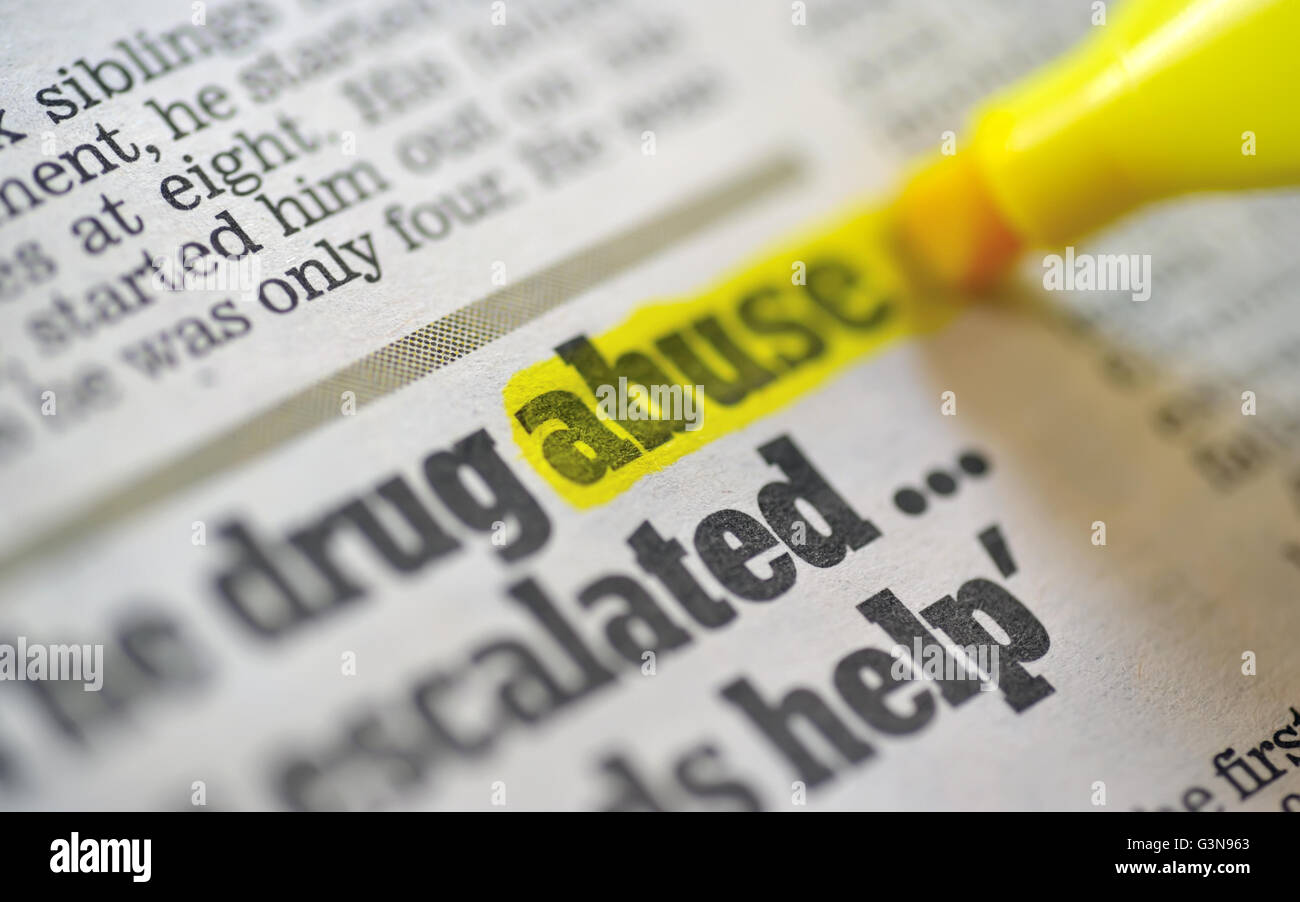 Drogen-Missbrauch-Word-Text hervorgehoben Stockfoto