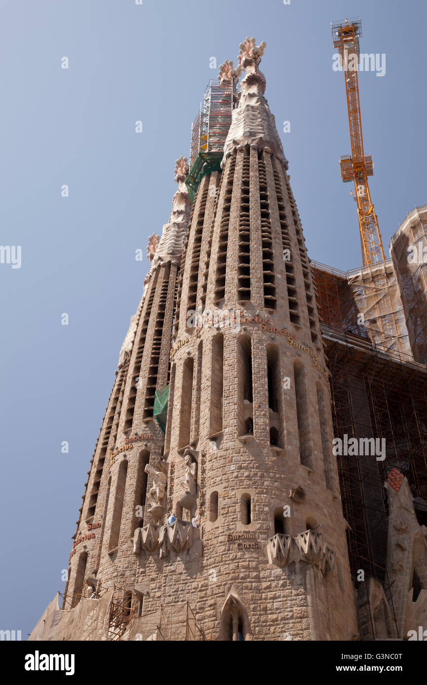 Türme mit einer Konstruktion Kran, Kirche La Sagrada Familia von Antoni Gaudi, Barcelona, Katalonien, Spanien, Europa Stockfoto