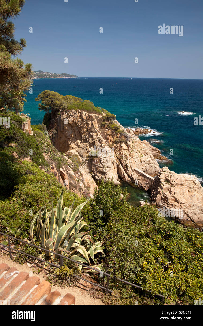 Jardí Botànic Ortschaften, botanische Gärten, mit Blick auf das Mittelmeer, Blanes, La Selva, Costa Brava, Katalonien, Spanien Stockfoto