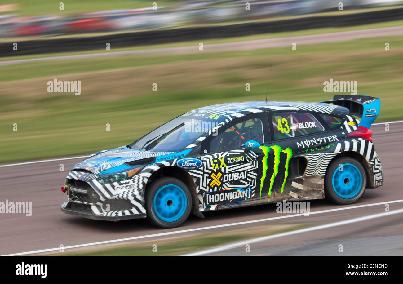 Welt-Rallycross racing, Ford Focus RS RX angetrieben von Ken Block. Stockfoto