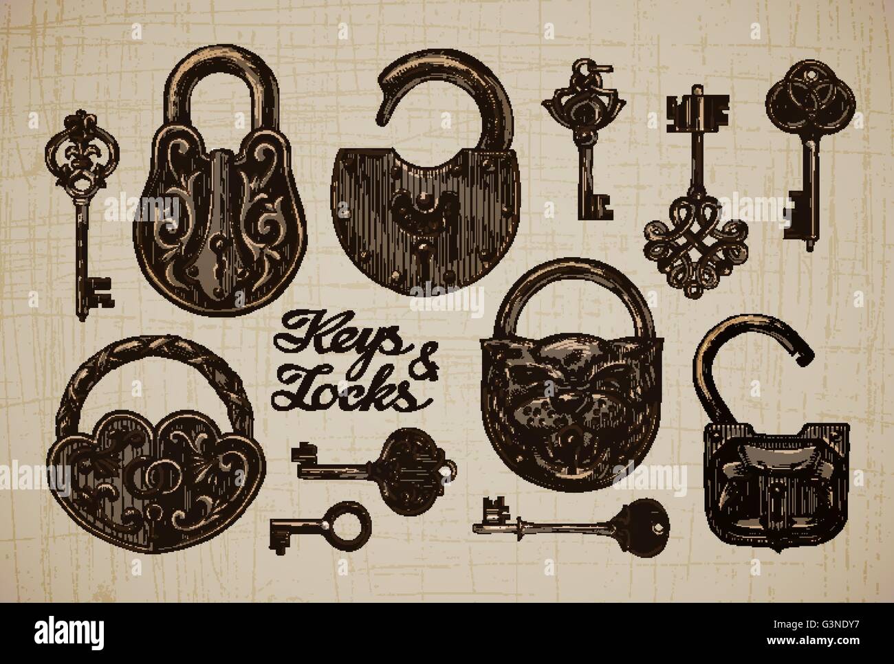 Vintage Schlüssel und Schlösser. Handgezeichnete Sammlung von Retro-Vektorobjekte Stock Vektor