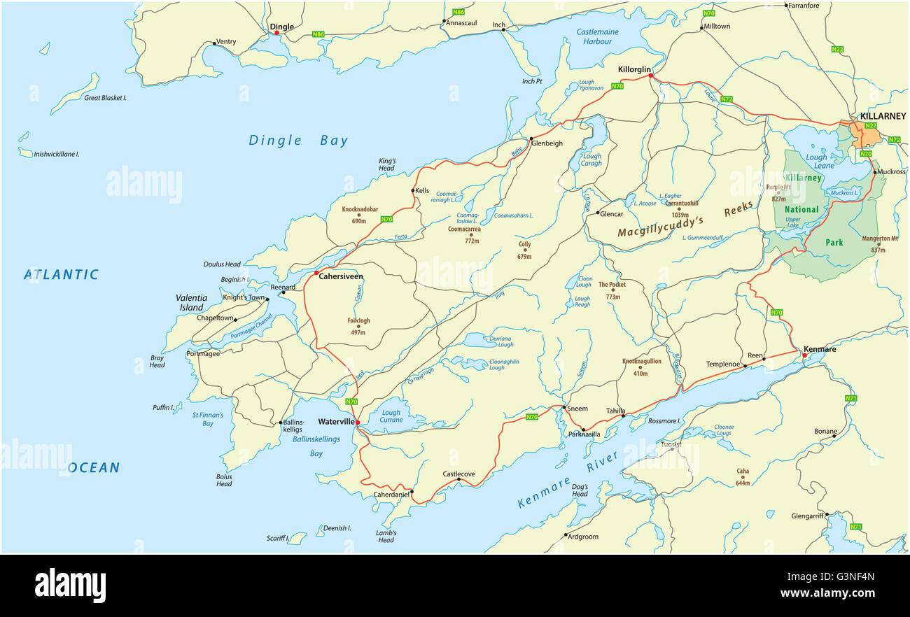 Karte der touristischen Panorama Küstenstraße Ring of Kerry, Irland  Stock-Vektorgrafik - Alamy
