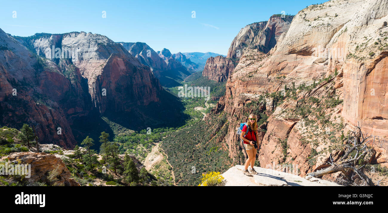 Wanderer am Aussichtspunkt, Angels Landing, Zion Canyon, Zion Nationalpark, Utah, USA Stockfoto