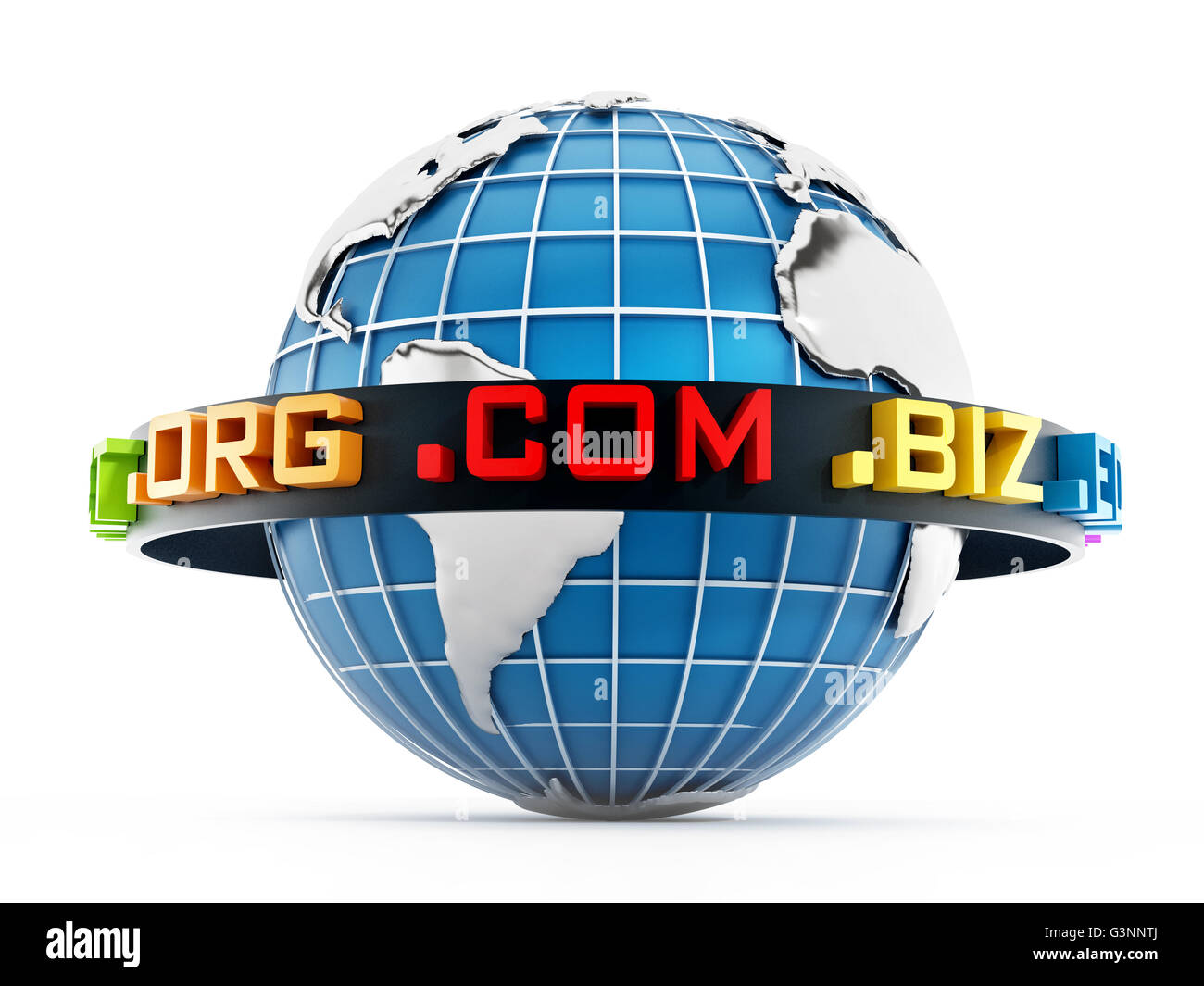 Domain-Endungen rund um den blauen Globus. 3D Illustration. Stockfoto