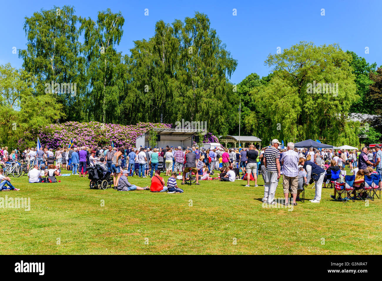 Ronneby, Schweden - 6. Juni 2016: Der schwedische Nationalfeiertag im öffentlichen Park. Menschenmenge versammelte sich im Park zu feiern. Stockfoto
