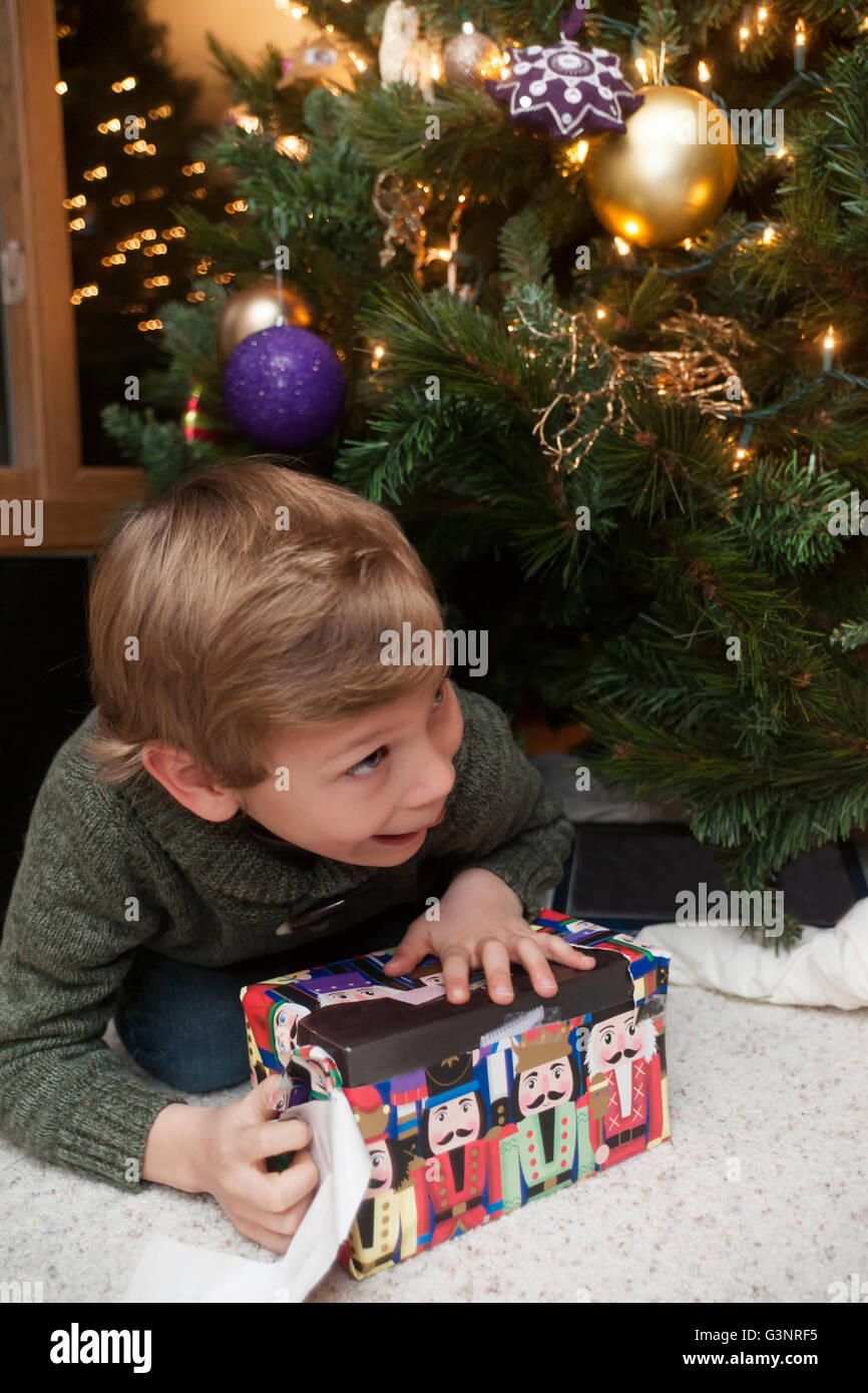 Kleiner Junge schleicht sich unter dem Weihnachtsbaum und heimlich öffnet ein Geschenk Stockfoto Kleiner Junge schleicht sich unter dem Weihnachtsbaum und heimlich öffnet ein Geschenk Stockfoto