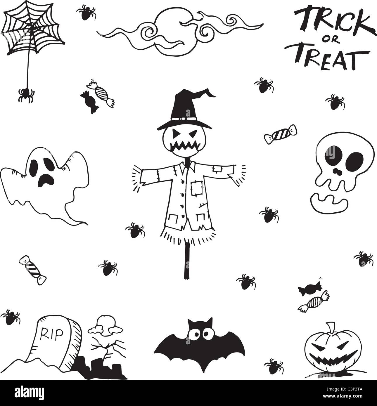 Doodle Halloween gruselig mit Hand zeichnen Stock-Vektorgrafik - Alamy