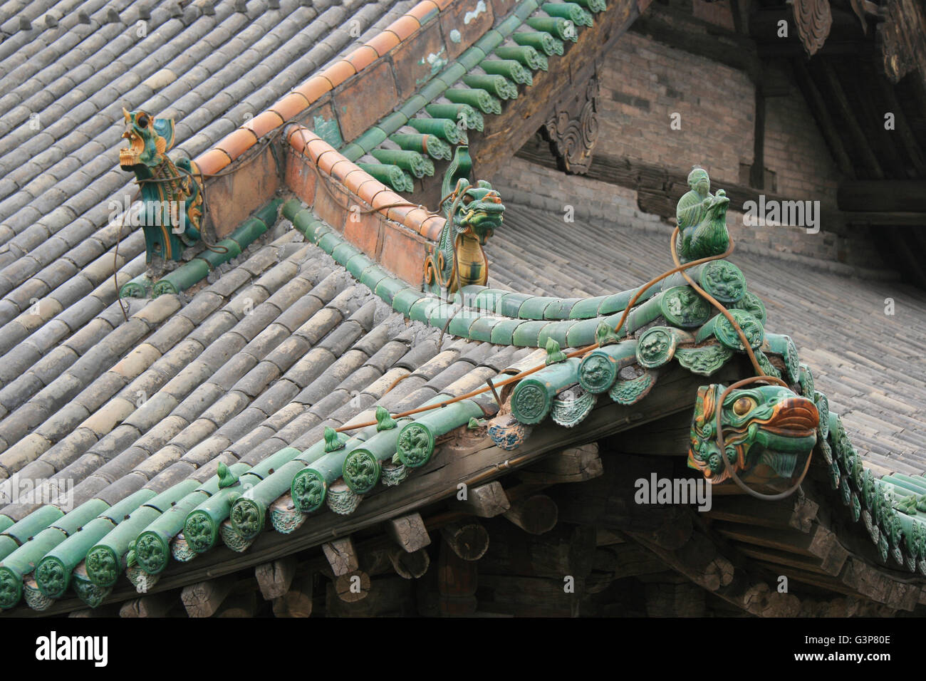 Die Dächer eines taoistischen Tempels in Pingyao (China). Stockfoto