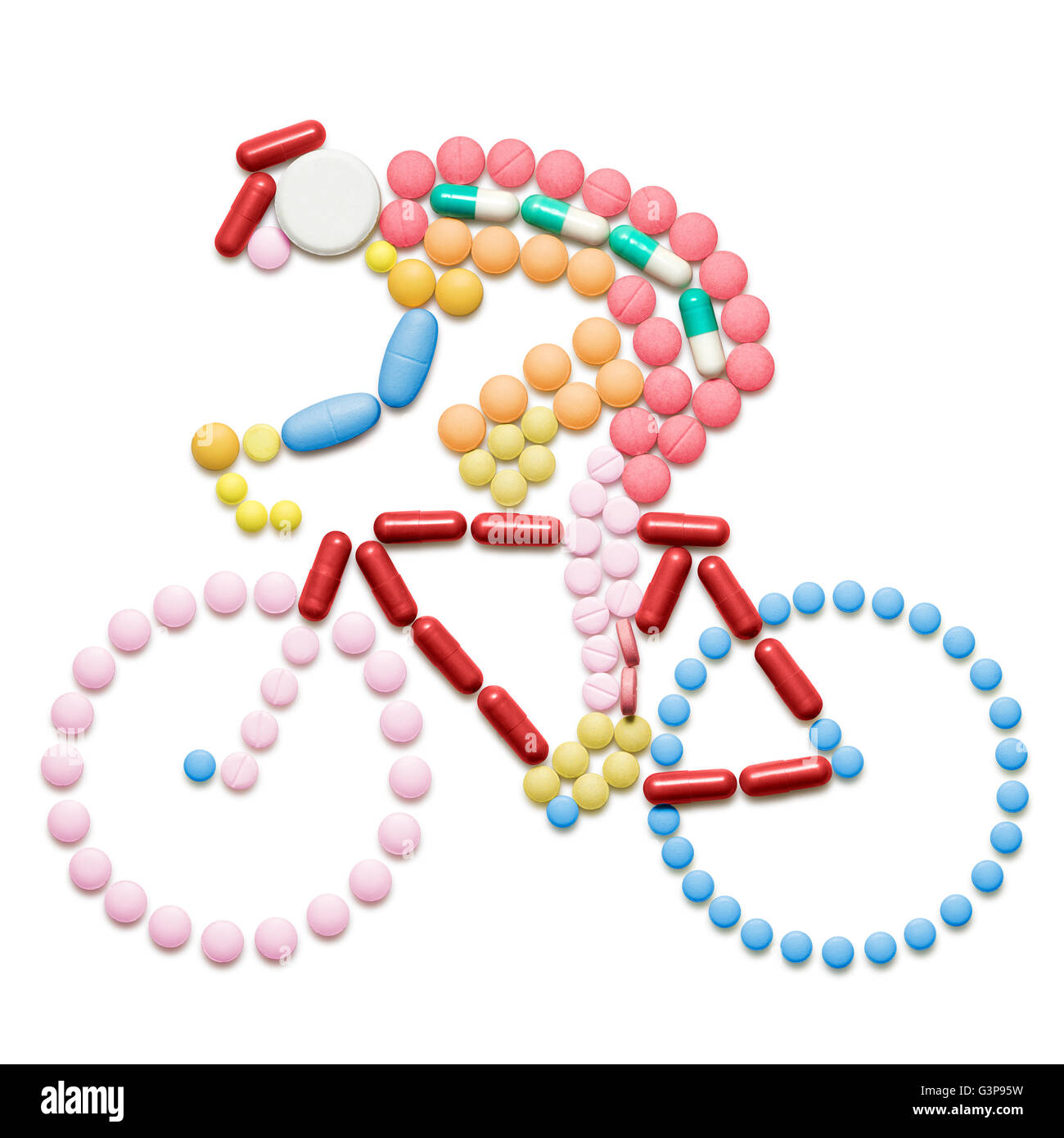 Doping-Medikamente und Pillen in der Form einer Radrennfahrer auf einem Fahrrad. Stockfoto