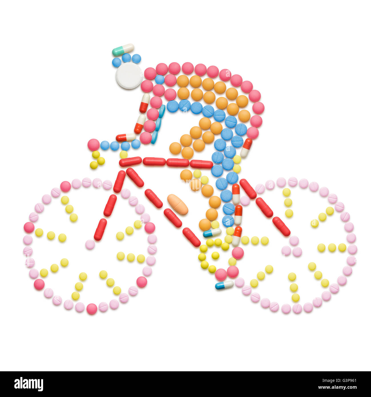Doping-Medikamente und Pillen in der Form einer Radrennfahrer auf einem Fahrrad. Stockfoto