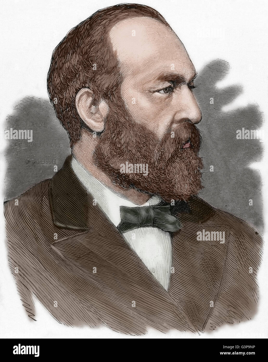 James Abram Garfield (1831-1881). US-amerikanischer Politiker der Republikanischen Partei. 20. Präsident der Vereinigten Staaten vom 4. März 1881, bis zu seiner Ermordung im selben Jahr. Porträt. Gravur. Farbige. Stockfoto