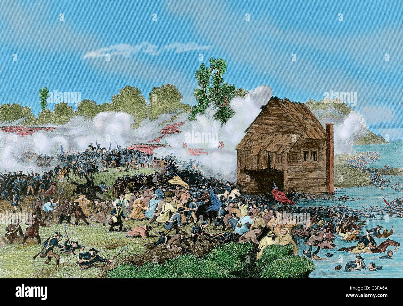 Amerikanischer Unabhängigkeitskrieg (1775-1783). Die Schlacht von Long Island oder Schlacht von Brooklyn (27. August 1776). Niederlage für die kontinentale Armee unter General George Washington. Kupferstich von Alonzo Chappel. Farbige. Stockfoto