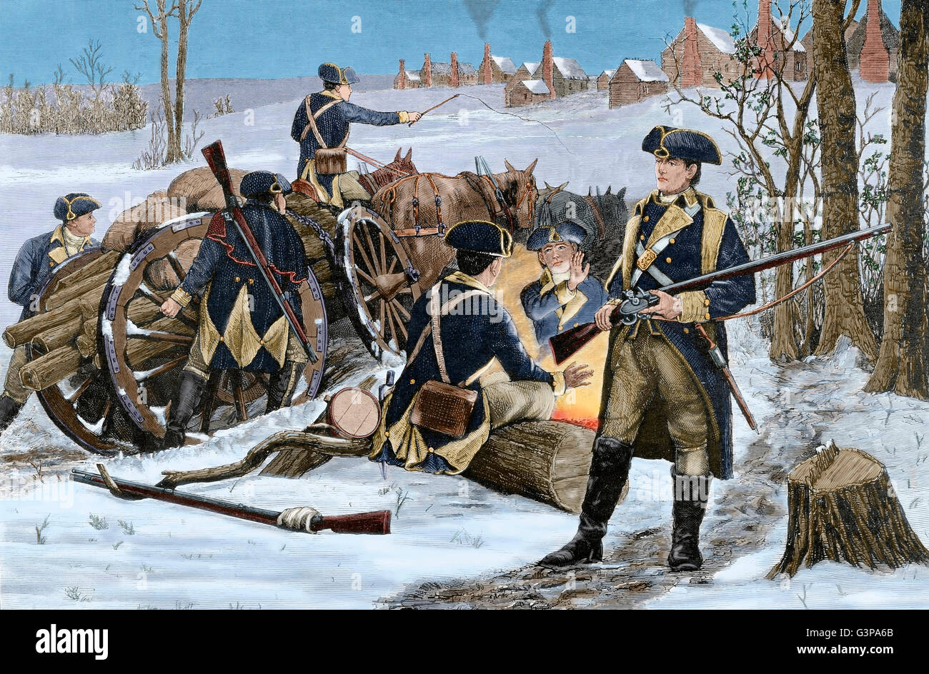 Amerikanischer Unabhängigkeitskrieg (1775-1783). Senke-Schmiede. Pennsylvania. Kontinentale Armee-Camp im Winter 1777-1778. Gravur. Farbige. Stockfoto