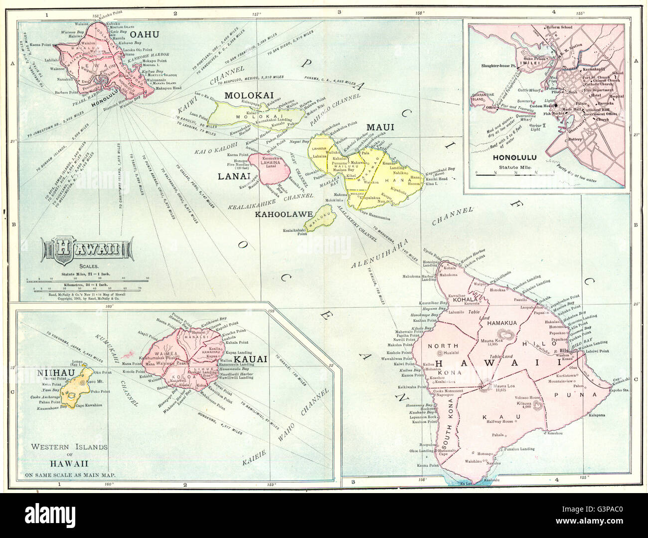 INSELN VON HAWAII. Oahu Molokai Maui Kahoolawe Niihau Kauai Honolulu, 1907 Karte Stockfoto
