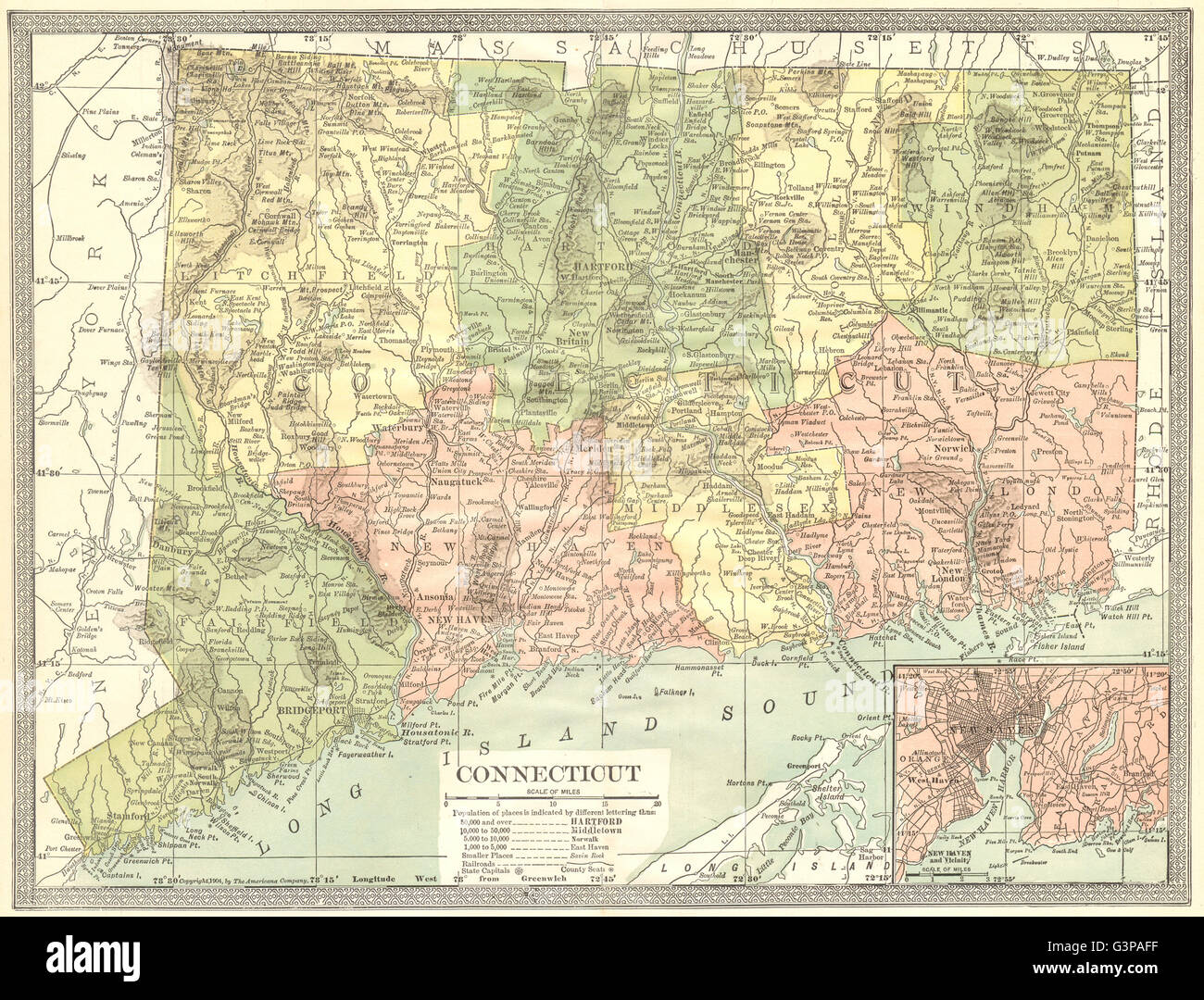 CONNECTICUT Zustand-Karte. Stadtplan von New Haven, 1907 Stockfoto