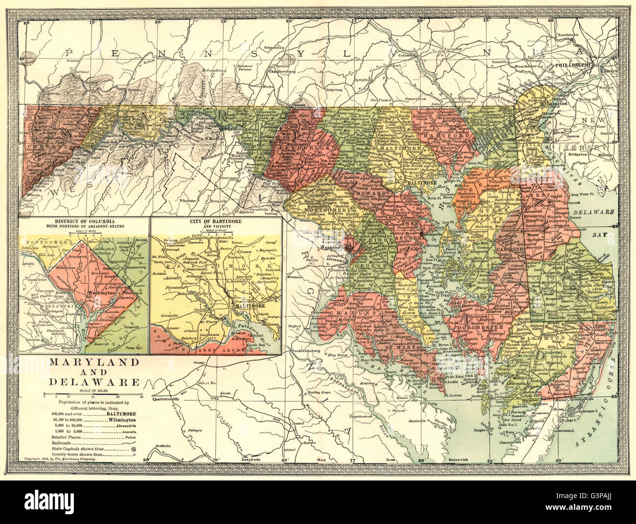 MARYLAND & DELAWARE state Karte. District Of Columbia. Baltimore Umgebung 1907 Stockfoto