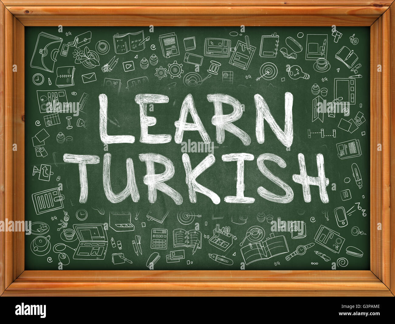 Grünen Tafel mit handgezeichneten Türkisch lernen Stockfotografie - Alamy