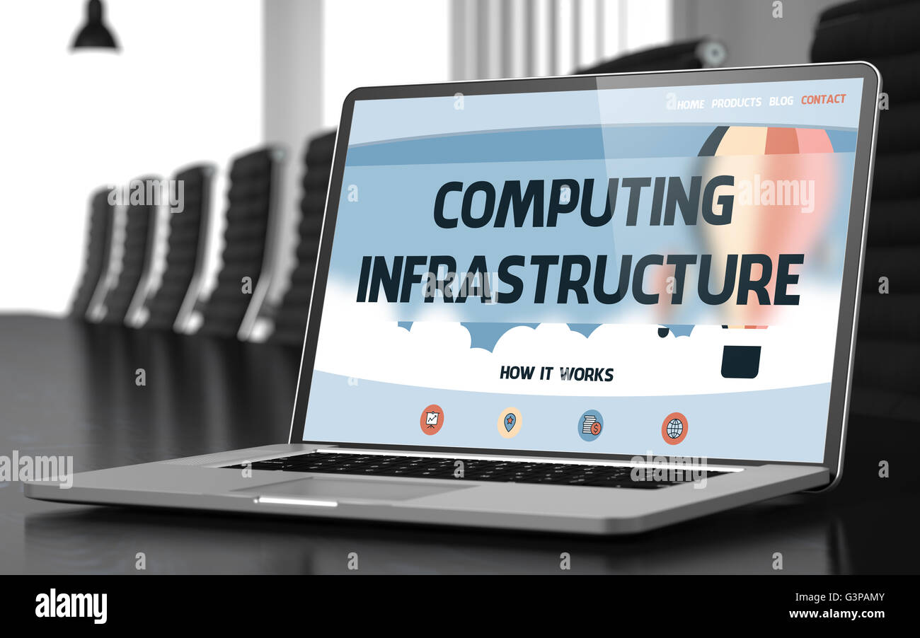 Computing-Infrastruktur auf Laptop im Konferenzraum. Stockfoto
