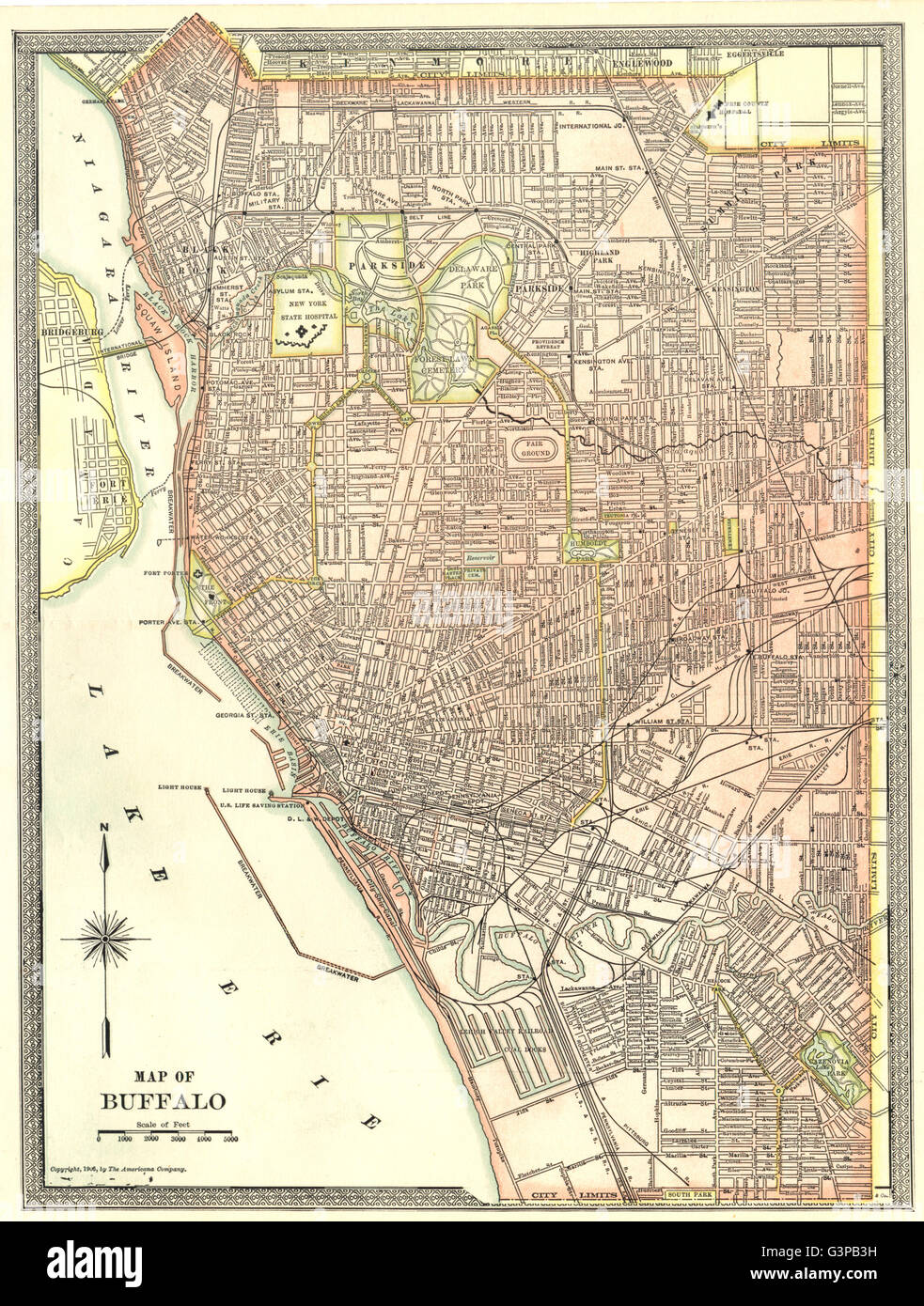 BUFFALO-Stadt-Plan. New York State, 1907 Antike Landkarte Stockfoto